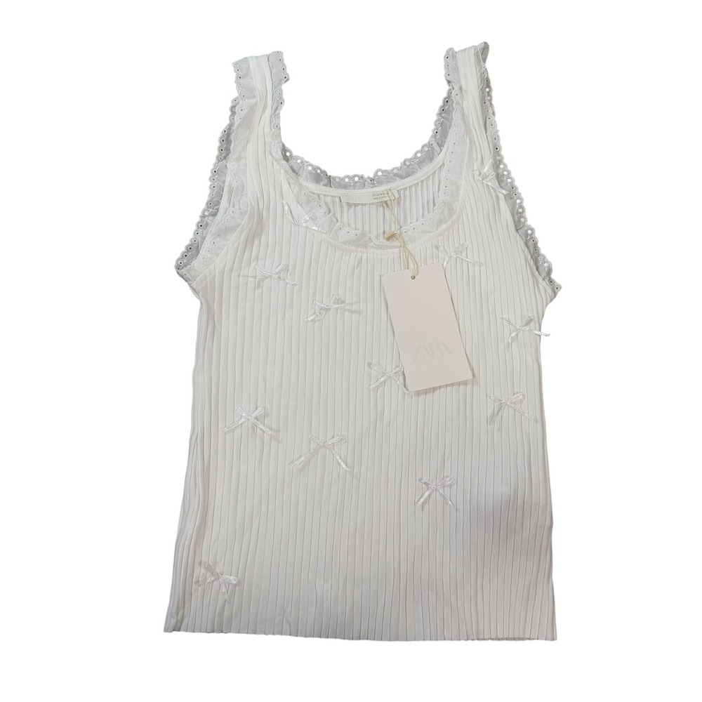 Zara Womens Bow Ribbed Eyelet Trim White Tank Top Size M